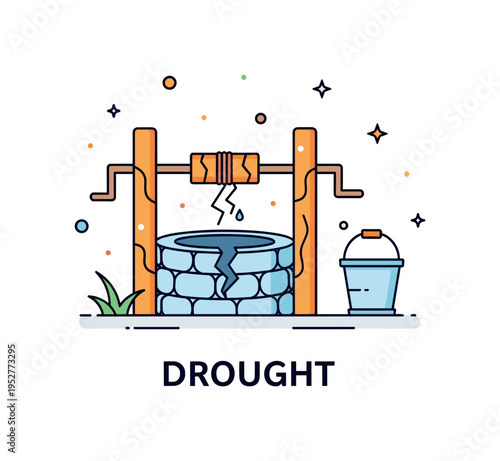Drought visualized with a cracked water well and a small bucket nearby, highlighting scarcity, resource strain, and urgent need. Minimalist flat vector