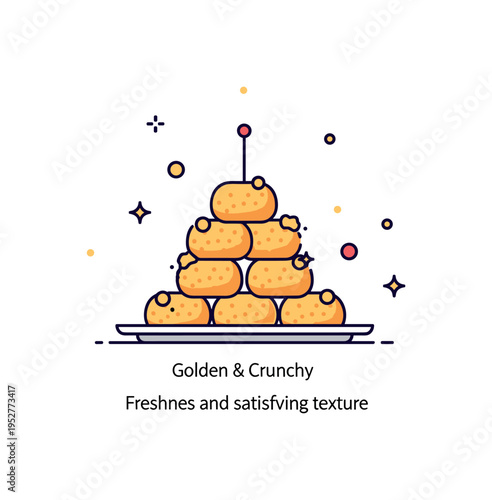 Crispy bites appetizer concept featuring bite sized nuggets stacked neatly on a small plate with tiny sparkle accents. A short ?Golden & Crunchy? text detail