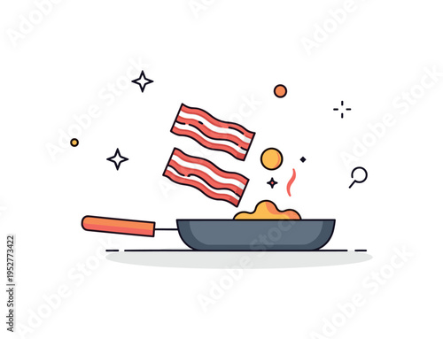 Frying pan with bacon slices releasing sizzling fat and small abstract dots emphasizing cooking, warmth, and appetizing texture. Minimalist flat vector