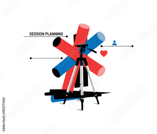 Black and white tripod standing firmly with abstract red and blue cylinders intersecting it, thin horizontal timeline lines symbolizing session planning, small
