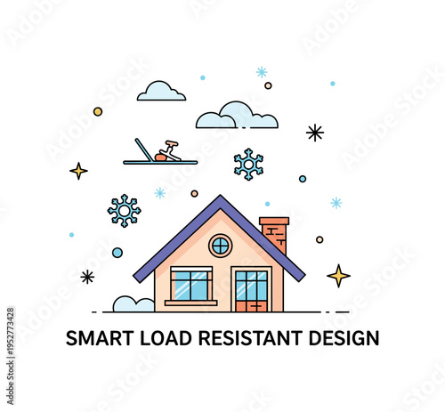 Snow load resistant roof design centered on a steep angled roof with sliding snow icons gently falling away, representing smart architecture for cold climates.