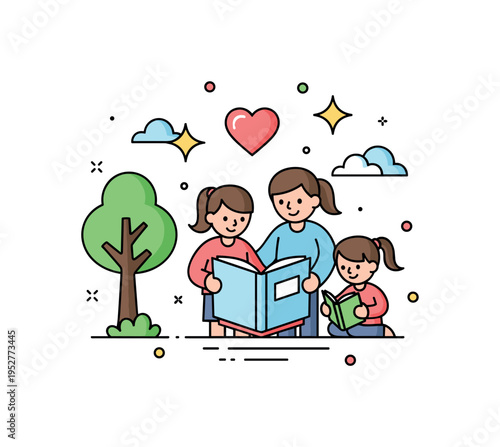 Education volunteering abroad traveler helping children read from a simple open book under a small tree, star accents expressing hope and opportunity. A