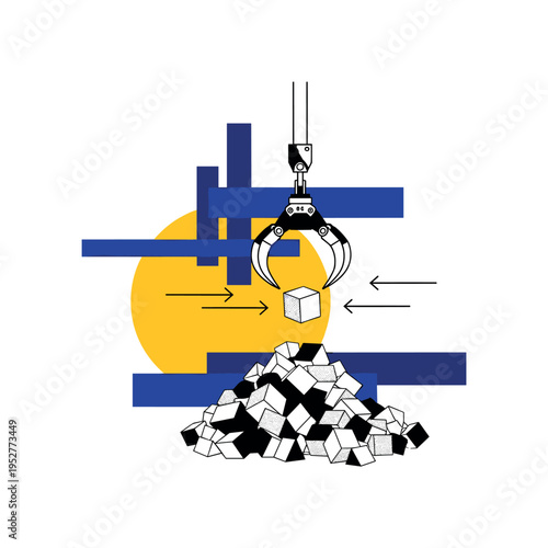 black and white crane claw grabbing a single cube from a geometric heap, layered with bold yellow circle and deep blue abstract bars, thin directional arrows