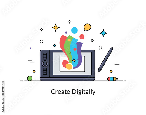 Digital art creative workflow scene with a sleek drawing tablet and stylus at the center, colorful abstract shapes emerging from the screen to symbolize