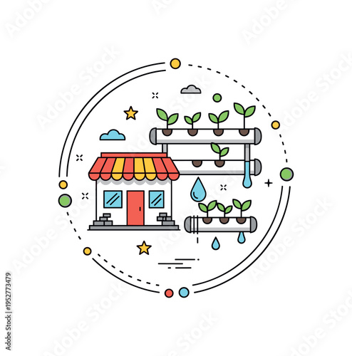 Sustainable food marketplace concept showing a small storefront icon combined with hydroponic plant channels and water droplets representing clean farming and
