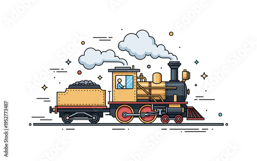 Steam-powered vehicles depicting a small railway engine with polished brass and black metal, steam clouds curling around, highlighting motion and vintage