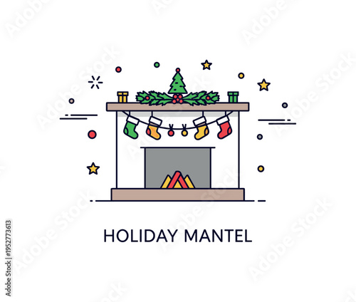 Fireplace mantel holiday decor concept featuring a clean mantel shelf adorned with small hanging stockings and a simple garland accent, symbolizing festive