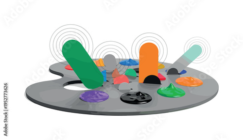 Black and white paint palette enlarged in foreground with geometric color shapes instead of paint blobs, concentric halos suggesting imagination, emerald green