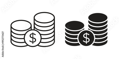 Coins stack icon Line Design Vector Illustration. Solid Black icons