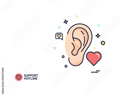 Support hotline concept featuring an ear combined with a small heart icon expressing compassion, empathy, and emotional support. The cohesive badge like