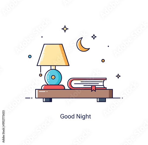 Bedside book quiet evening ritual illustrated by a closed book resting on a small nightstand beside a softly glowing lamp and a tiny crescent moon accent. A