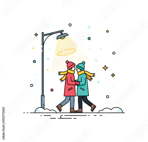 Winter romance in the city center highlighting two figures walking closely beneath drifting snow. A warm streetlight halo and small decorative stars emphasize