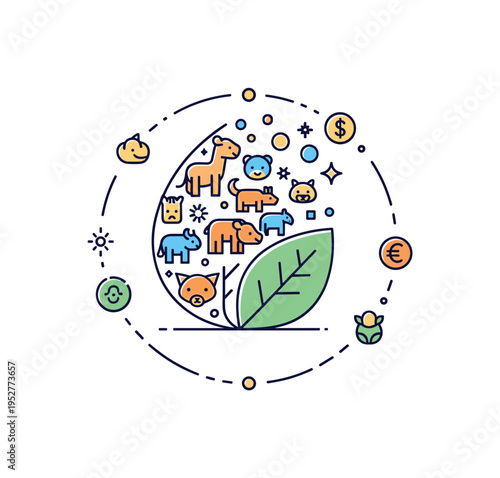 Biodiversity investment concept showing a leaf transforming into multiple small animal icons with subtle currency symbols nearby representing diversified