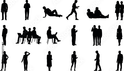 Business people silhouettes collection in casual and office poses isolated on white background, professionals sitting walking talking and working figures set
