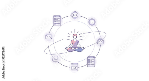 A serene illustration shows a person meditating in a lotus position, surrounded by orbiting digital icons like emails and documents.