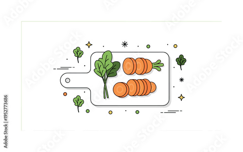 Vegetables meal preparation concept showing a cutting board silhouette with sliced carrot rounds and leafy greens placed neatly on top. The composition