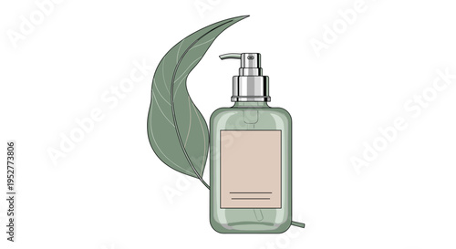 A rectangular light green pump bottle with a silver dispenser and blank label stands beside a dark green leaf on a white background.