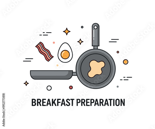 Breakfast preparation badge illustrated by a frying pan paired with a small bacon strip and egg icon, symbolizing morning routine and comfort food. The layout