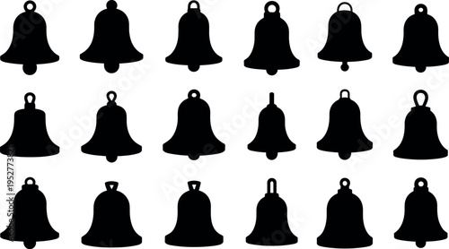 Bell silhouette collection in different shapes isolated on white background, classic ringing symbols set for notification, church and decoration use
