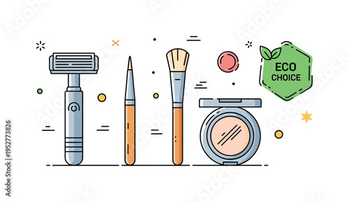 Plastic free makeup kit compact set of metal safety razor, wooden brush and refillable compact framed by a small green badge labeled Eco Choice, symbolizing