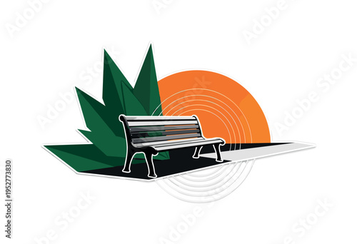 Black and white bench placed beside a quiet garden path, bright orange semicircle behind as evening light symbol, dark green angular fragments layered as