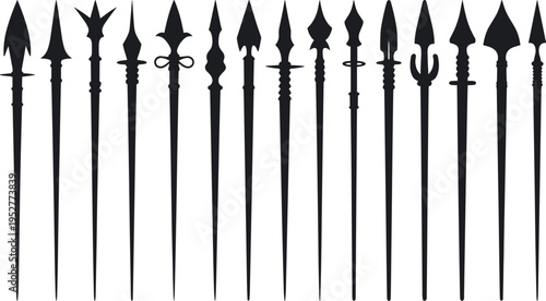 Ancient spear and arrowhead silhouettes collection isolated on white background, tribal weapon set with different shapes and historical design elements