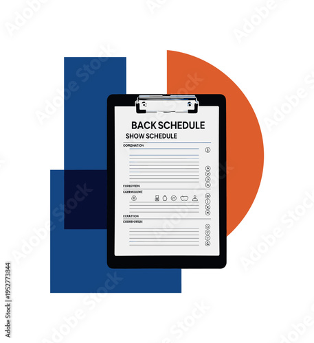 black and white backstage clipboard with show schedule pages, layered with burnt orange semicircle and deep blue abstract blocks, thin horizontal lines and