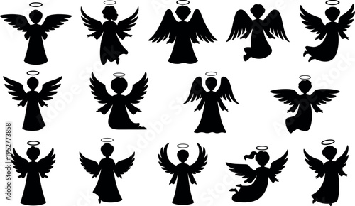 Angel silhouettes collection with wings and halos in various poses isolated on white background, spiritual heavenly figures set illustration