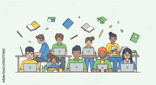 A diverse group of students sits at desks using laptops and tablets while school supplies float around them on a pale green background.