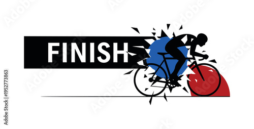 Black and white cyclist breaking through geometric finish banner, intense cobalt blue circle centered at breakthrough point, deep red semicircle grounding the