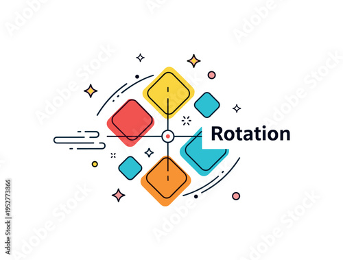 Abstract geometric rotation theme featuring staggered squares rotated around a central axis point. Subtle motion lines and a ?Rotation? caption communicate