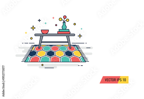 Living room focal point concept featuring a geometric rug with repeating hexagon motif placed under a small coffee table silhouette, highlighting structured