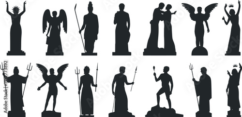 Ancient Greek Roman mythology statue silhouettes collection isolated on white background, gods goddesses sculptures with wings trident spear and classical figures