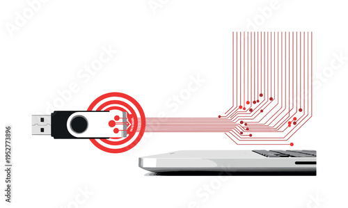 Black and white USB drive partially inserted into a laptop, layered with bold red circular accents and thin vertical lines suggesting data extraction and