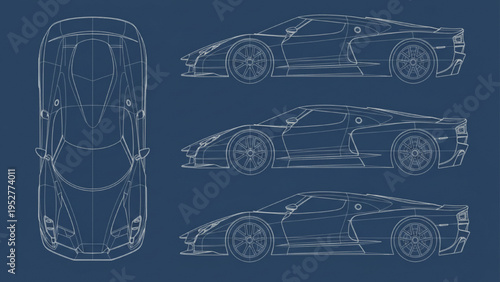Engineering blueprint diagram of a powerful sports vehicle concept design