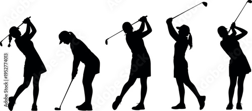 Female golfer silhouette sequence showing full swing stages from address to follow through isolated on white background sports concept
