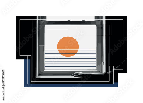 Black and white retro window frame viewed from inside, soft light falling across the sill, a single hand resting gently on the edge, bold muted