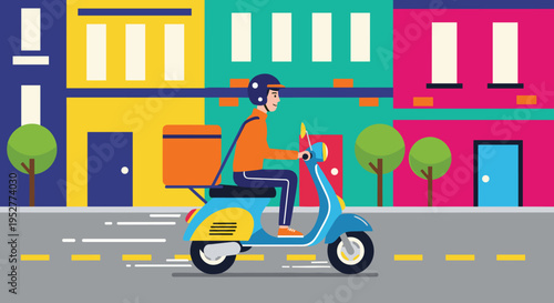 A delivery person in an orange jacket rides a light blue scooter with an orange box on a city street with colorful buildings.