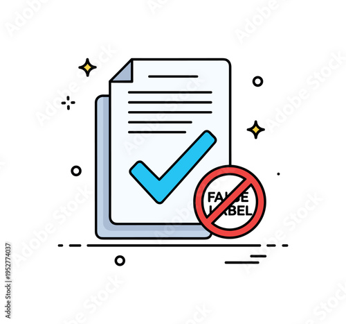 Information verification badge showing a document icon with a bold checkmark overlay and a crossed out false label. Small sparkle accents communicate clarity,