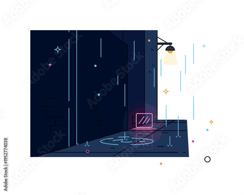 Dark alley rainy evening concept represented by slick pavement reflecting a small neon sign glow and gentle raindrop lines falling. The scene communicates