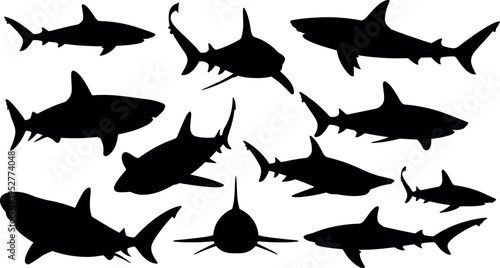 Collection of shark silhouettes isolated on white background, various marine predator shapes for ocean, sea life, wildlife, and underwater design projects