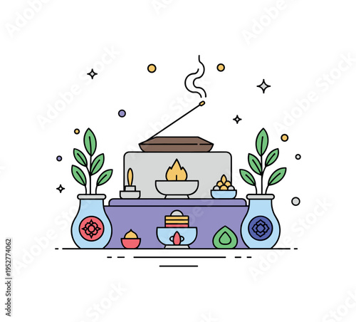 Spiritual ritual scene compact altar arrangement with symbolic objects and a small incense trail rising upward, illustrating tradition, ceremony and mindful