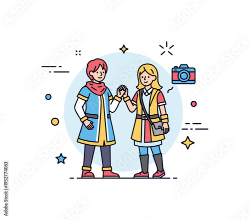 Outdoor cosplay meetup moment shown as two characters posing for a photo with a small camera icon nearby, expressing pride in costume craftsmanship and social