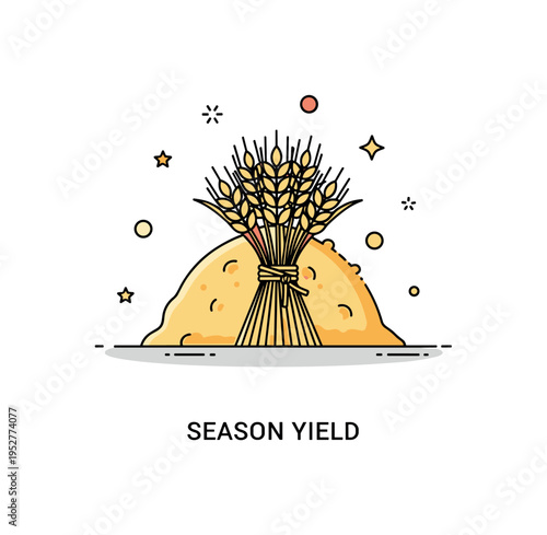 Harvest grain mound concept showing a compact pile of wheat bundles tied together at the base. A subtle ?Season Yield? caption reinforces