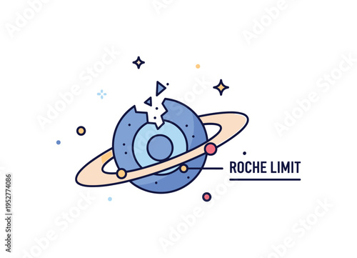 Roche limit concept central planet with inner broken ring fragments and a small Roche Limit label, expressing gravitational forces shaping the structure of