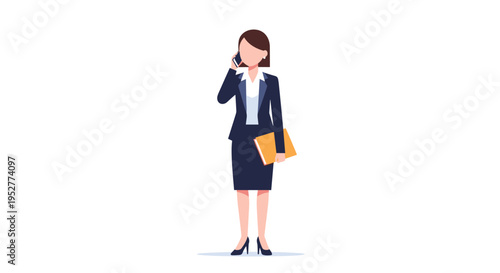 A professional businesswoman in a dark blue suit stands, holding a yellow folder, and actively conversing on a smartphone.