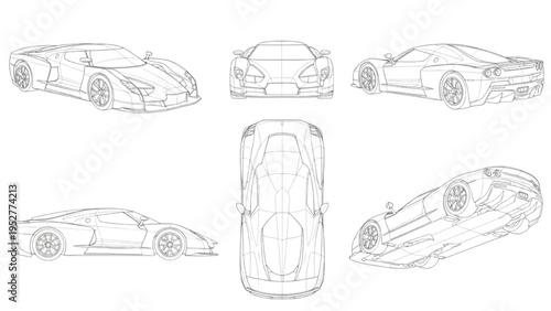Wireframe sketches of a sports car from multiple angles