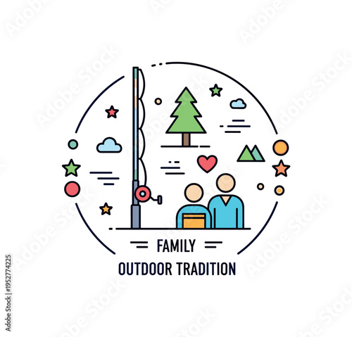 Family outdoor tradition emblem combining a fishing rod, small tree icon, and two simple figures arranged in a circular badge. The composition reflects