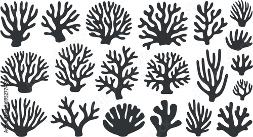 Collection of coral silhouettes isolated on white background, various marine reef shapes for ocean, underwater, aquarium, and tropical design projects