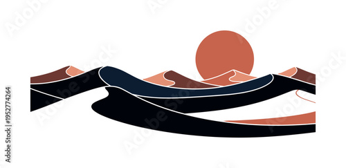 A realistic monochrome desert landscape with rolling dunes, dunes simplified into smooth geometric waves and flat arcs, oversized sun as bold circle above,